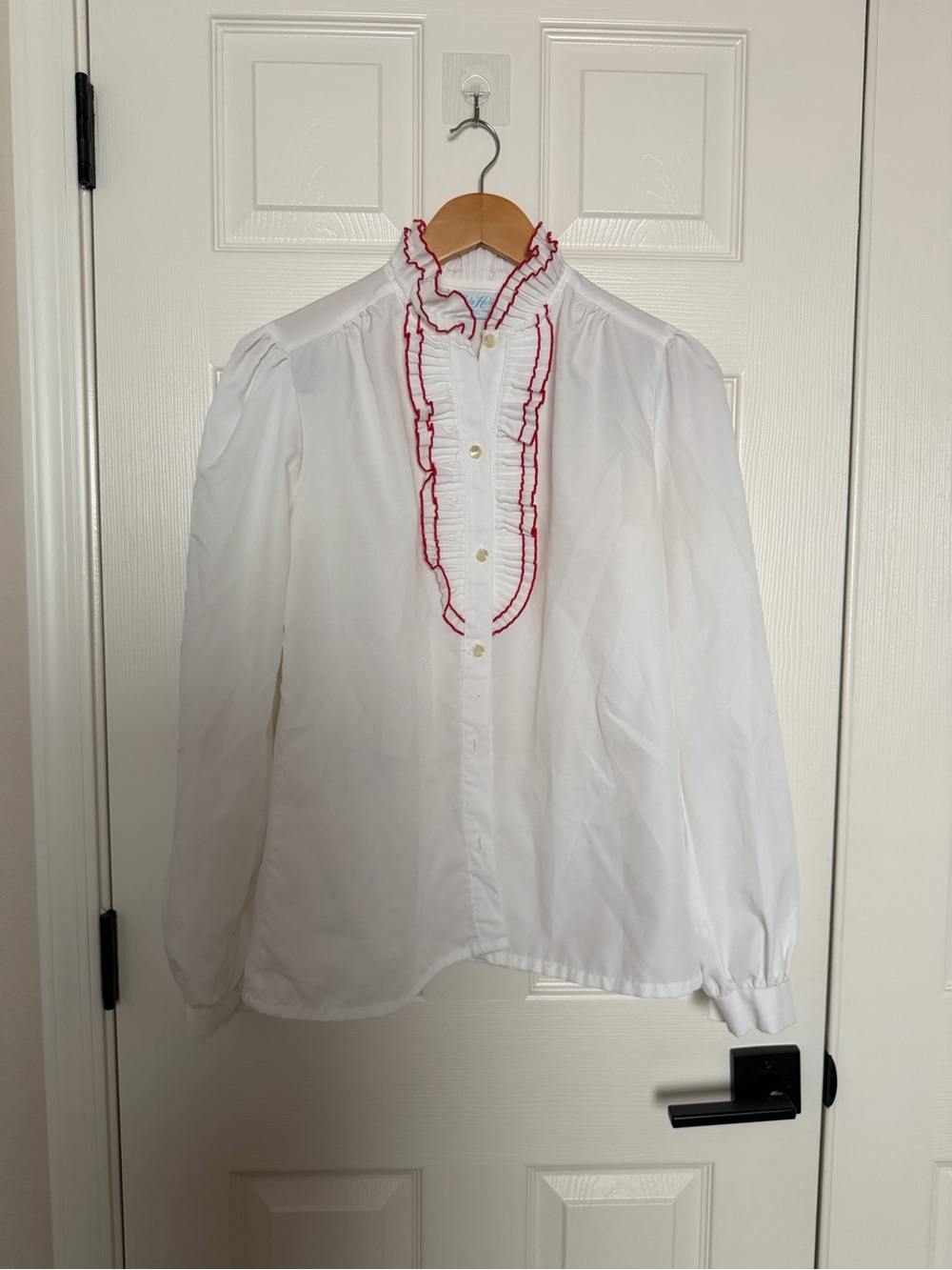 Vintage Lady Holiday White Button-Down Ruffle Front Shirt with Red Trim